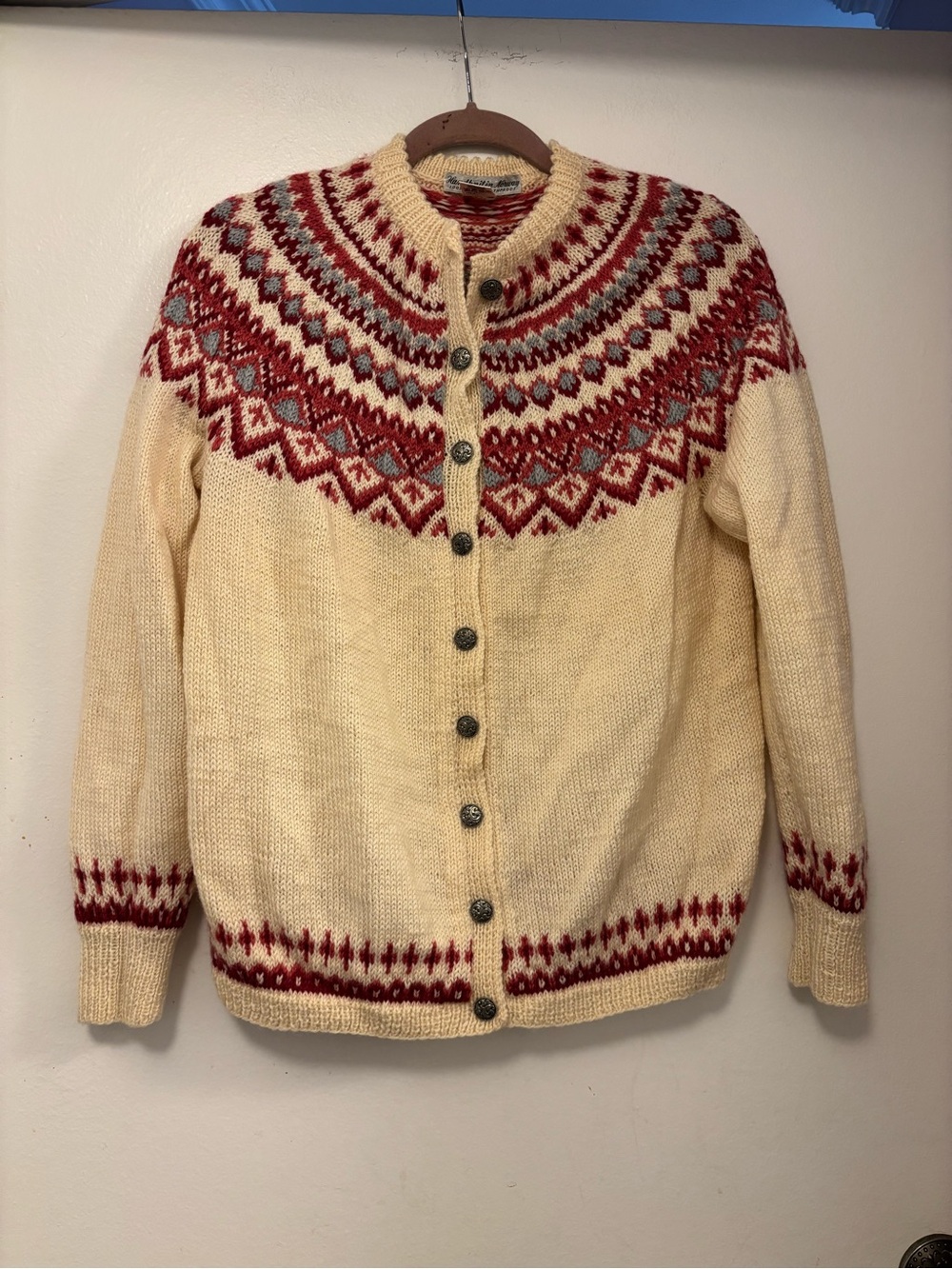 Norwegian hand knit wool Cream , pink red Button-Up Women's Sweater cardigan